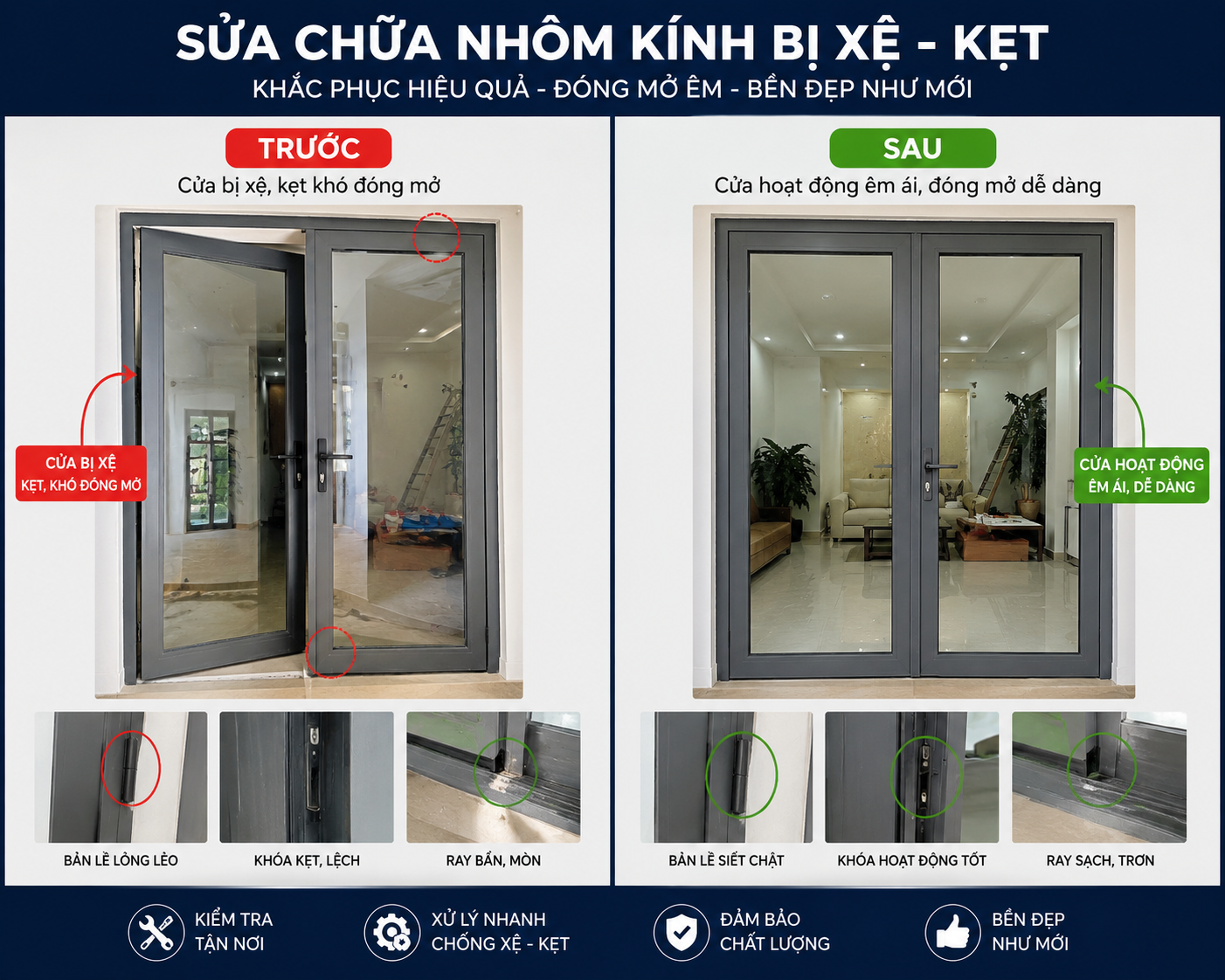 Sửa chữa nhôm kính bị xệ , kẹt